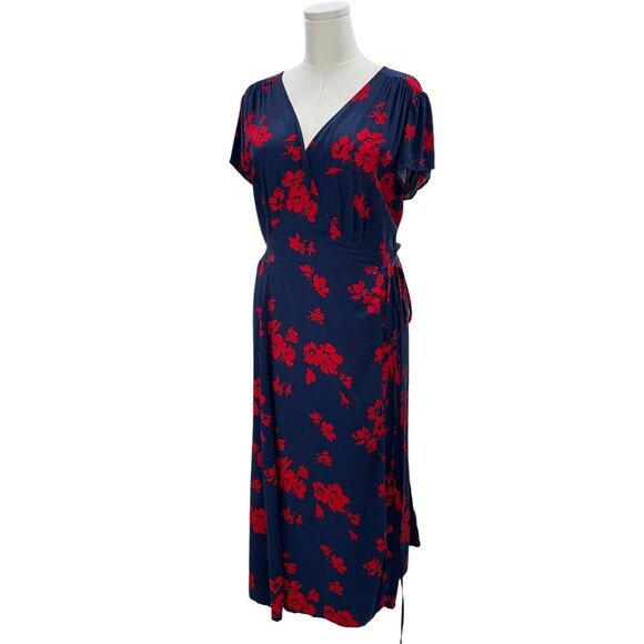 Womens Wrap Dress Red Floral Navy Midi V Neck Cottagecore Soft Girl Preppy M - Picture 4 of 8